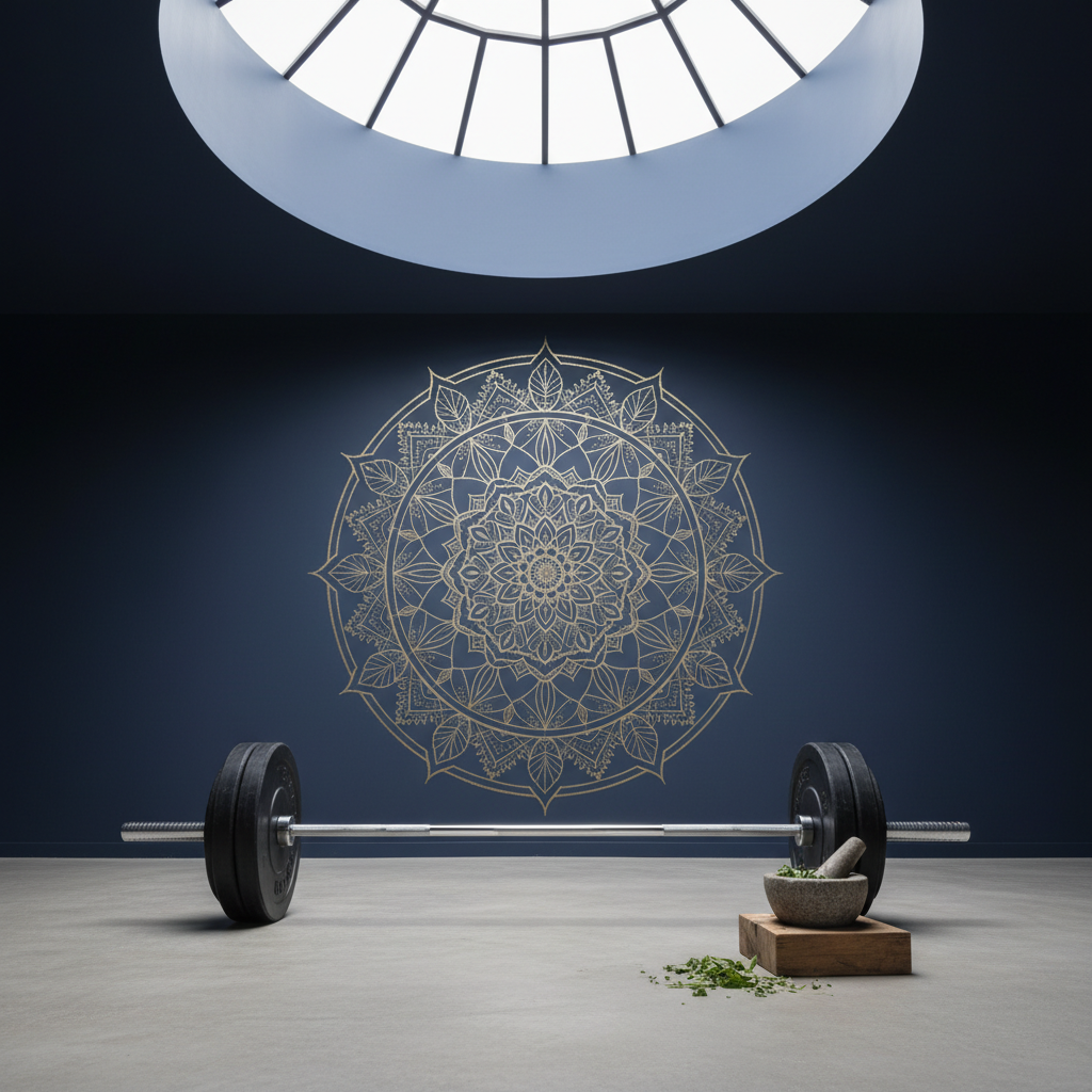 A barbell loaded with sleek black bumper plates rests perfectly centered on a polished concrete floor, directly beneath a large, circular mandala mural painted in muted gold on a deep indigo wall. Nearby, a small stone mortar and pestle with freshly crushed green herbs sits on a low wooden block, faint fragments scattered around it. Overhead, diffused skylight bathes the space in a quiet, even glow, softening the edges and giving the metal a subtle sheen. The mood is focused and meditative, captured in photographic realism from a low-angle perspective, emphasizing the upward reach of the mandala and the grounded weight of the barbell, with sharp focus throughout the scene.