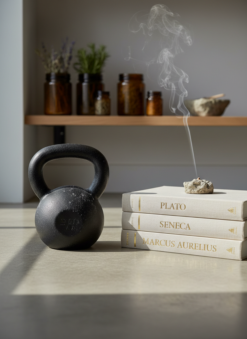 A heavy, matte-black kettlebell resting on a smooth concrete gym floor, its iron surface lightly dusted with white chalk, next to a neatly stacked pile of linen-bound philosophy books with gold-foil titles. In the background, a simple oak shelf holds amber glass jars of dried herbs and a single stone incense holder releasing a thin ribbon of smoke. Soft morning sunlight filters through an unseen window, casting long, calm shadows and gentle highlights on the metal and paper. Photographic realism with a clean, modern aesthetic, shot at eye level using shallow depth of field, keeping the kettlebell and books in crisp focus while the herbal shelf dissolves into a subtle, sophisticated blur.