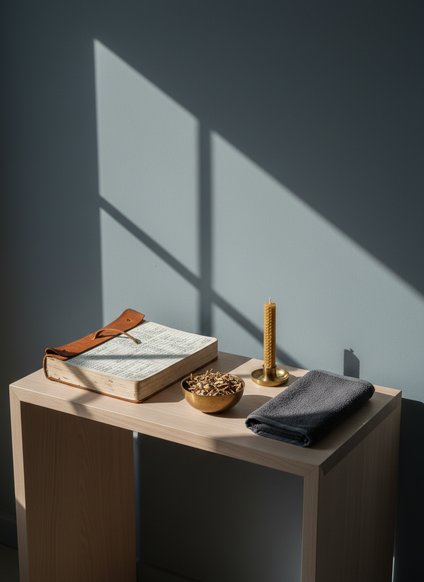 A minimalist wooden altar table made from pale ash wood stands against a smooth, slate-gray wall in a quiet room. Atop the table lies a well-worn leather training log opened to a handwritten workout, a small brass bowl filled with loose adaptogenic herbs, and a single unlit beeswax candle. Beside them, a neatly folded dark charcoal gym towel forms a careful rectangle. Late afternoon window light falls in at a steep angle, creating disciplined, geometric shadows and a contemplative atmosphere. The composition follows the rule of thirds with strong horizontal lines, captured in photographic realism with a slightly elevated angle, evoking a serene blend of ritual, discipline, and spiritual reflection.
